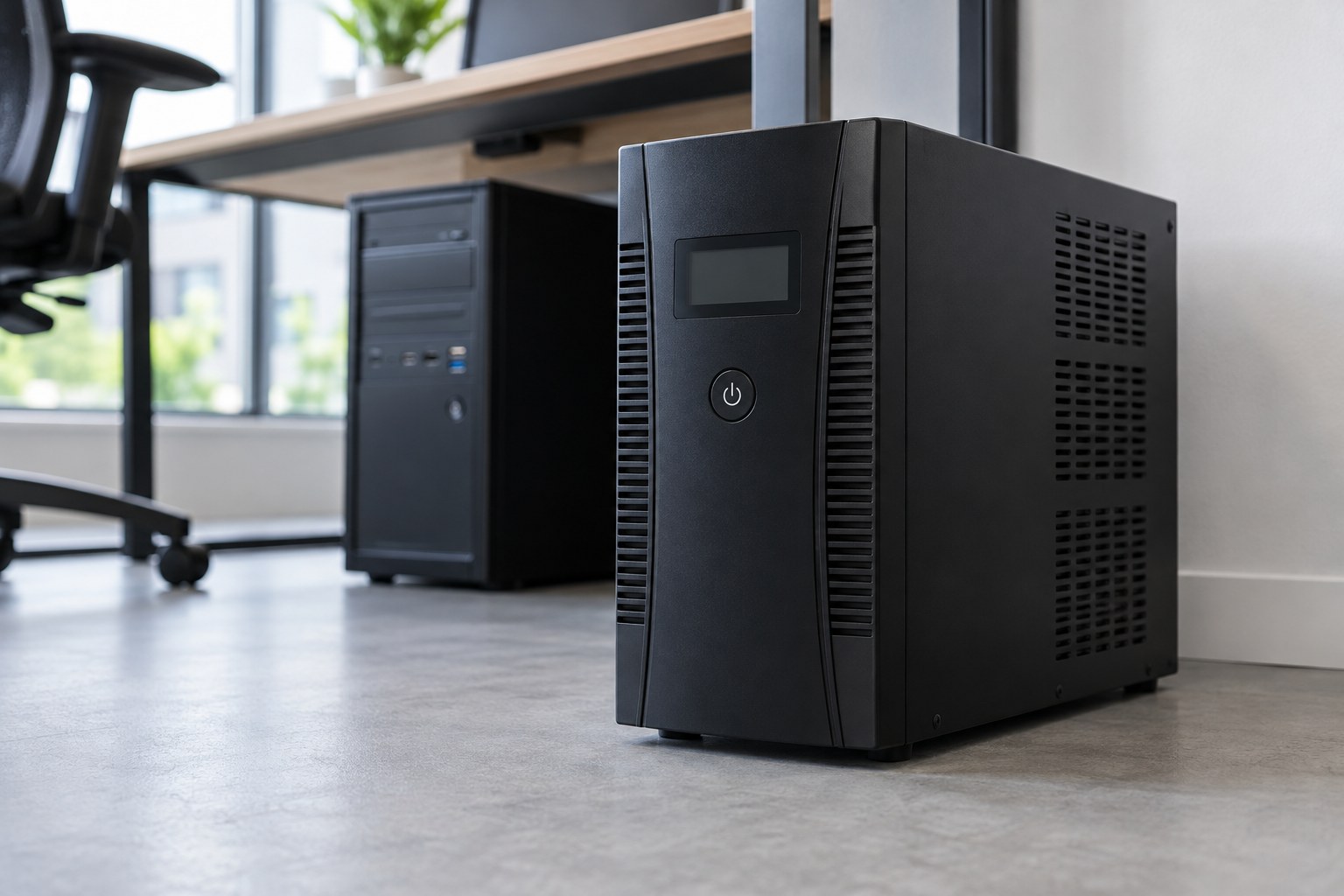 Uninterruptible power supply standing beside a desktop computer