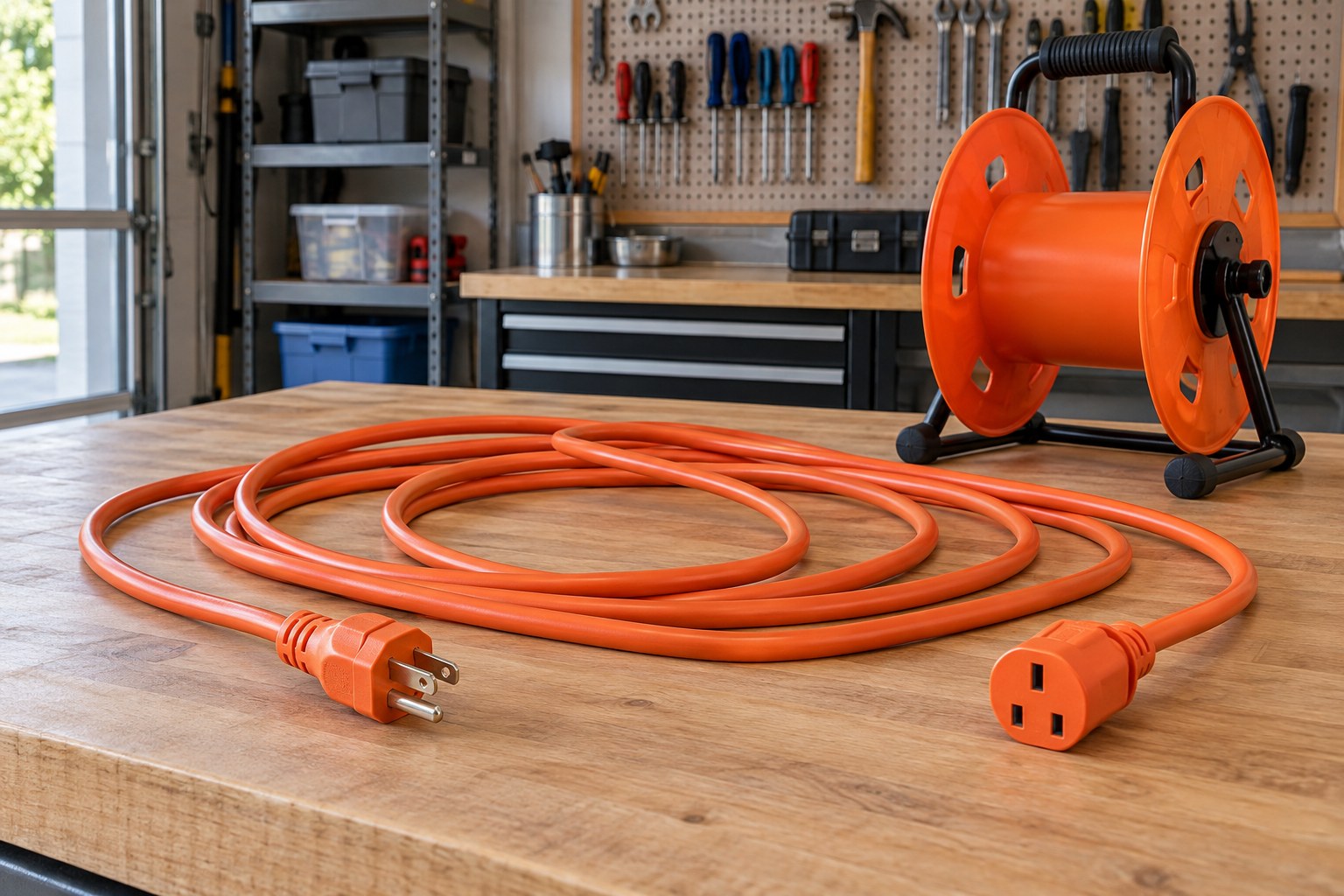 Unplugged extension cord stored on a reel in a garage