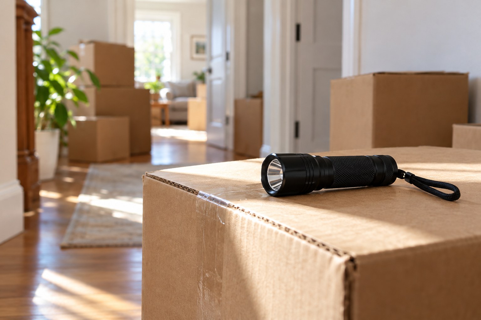 Flashlight kept accessible on a moving box