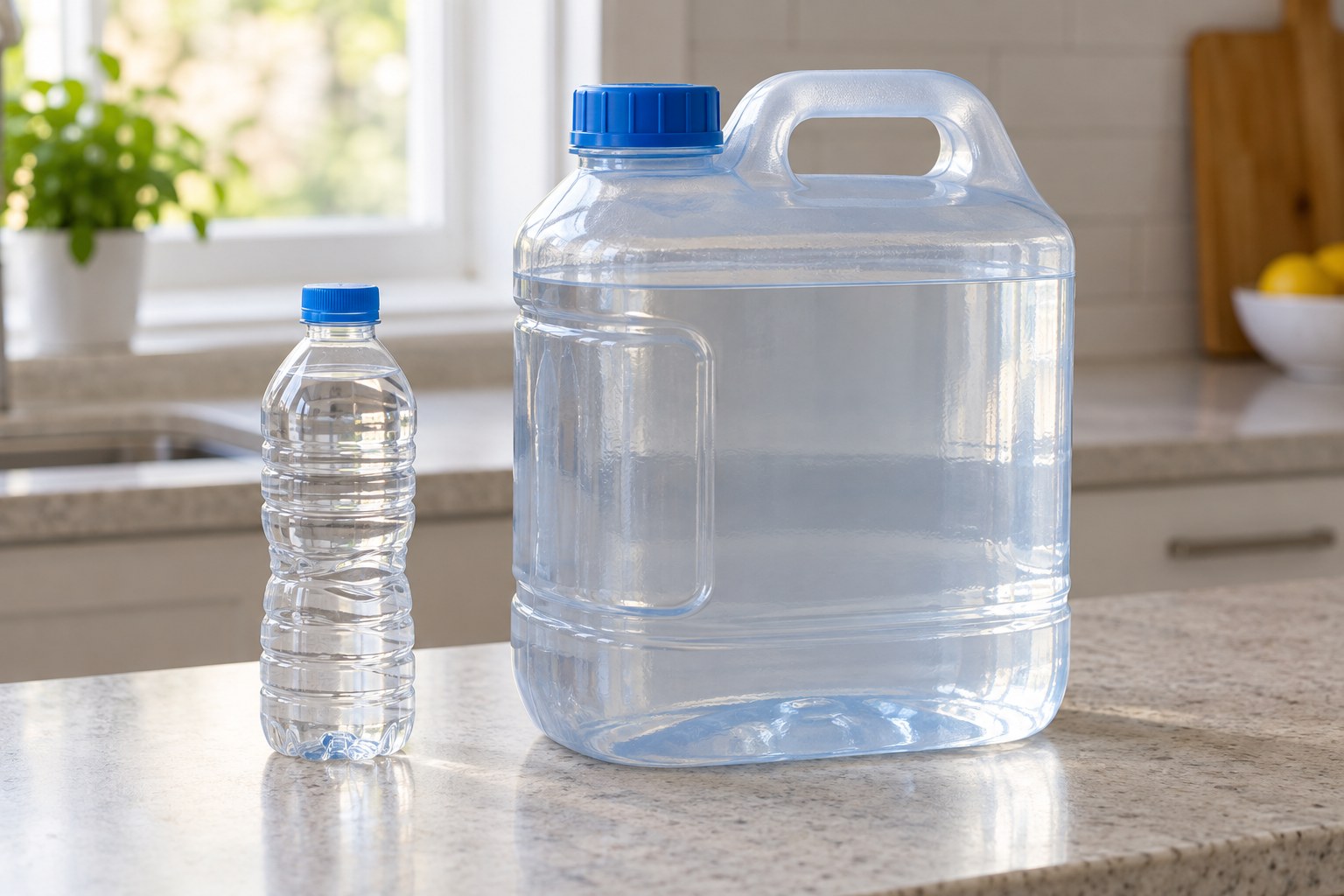 Handled drinking-water container and a smaller water bottle on a counter