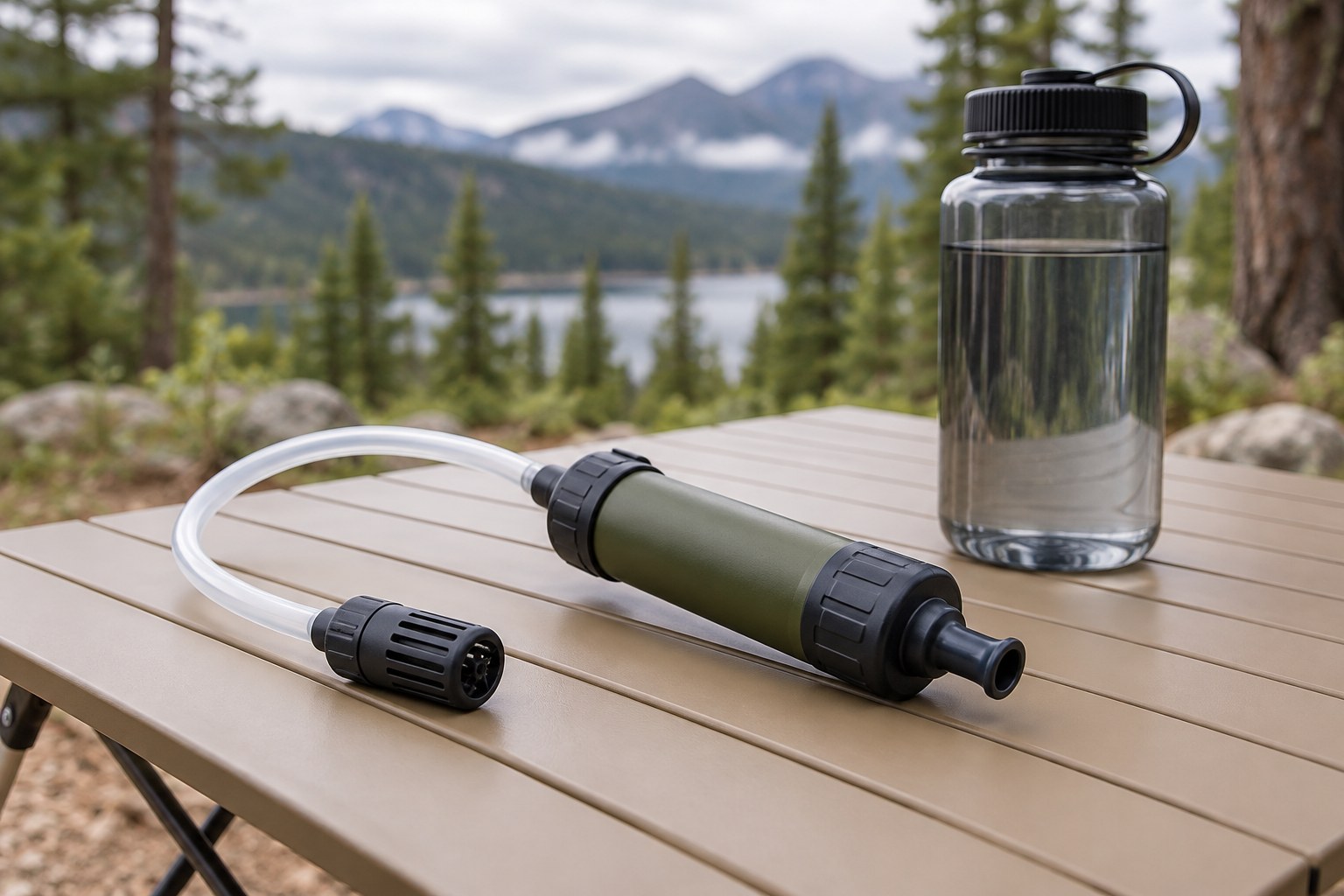 Portable water filter beside a separate drinking bottle