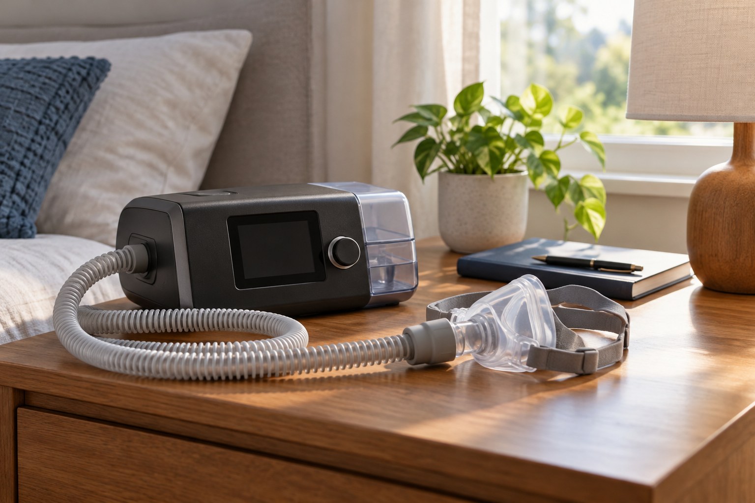 Powered-off CPAP equipment and planning notebook beside a bed
