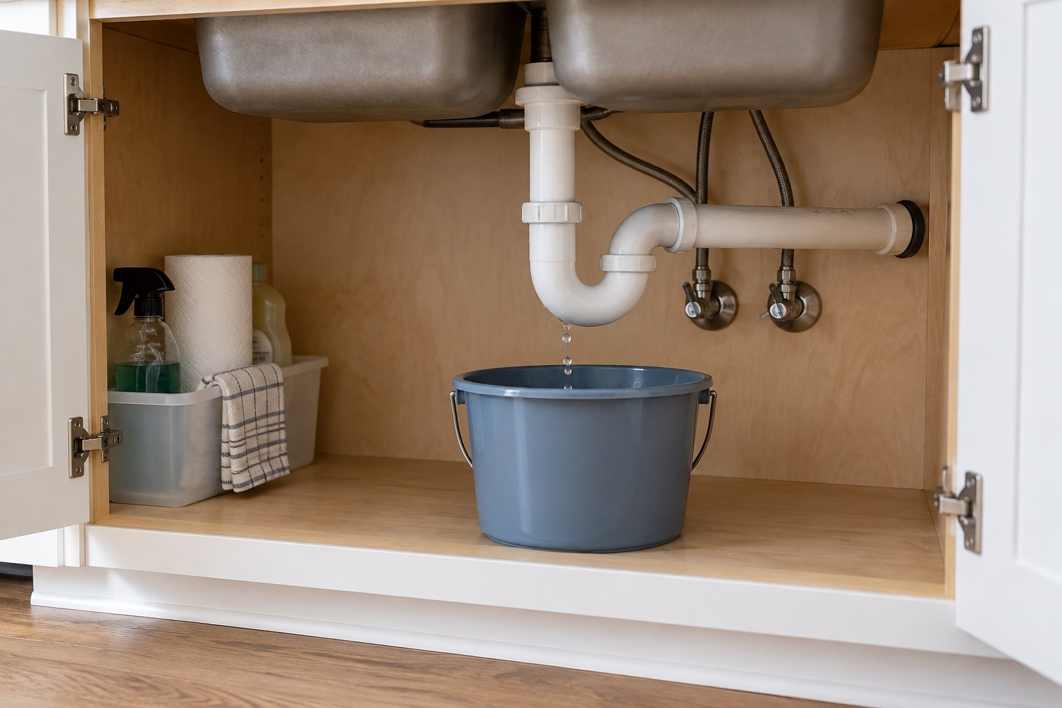 Bucket catching a small leak under a kitchen sink