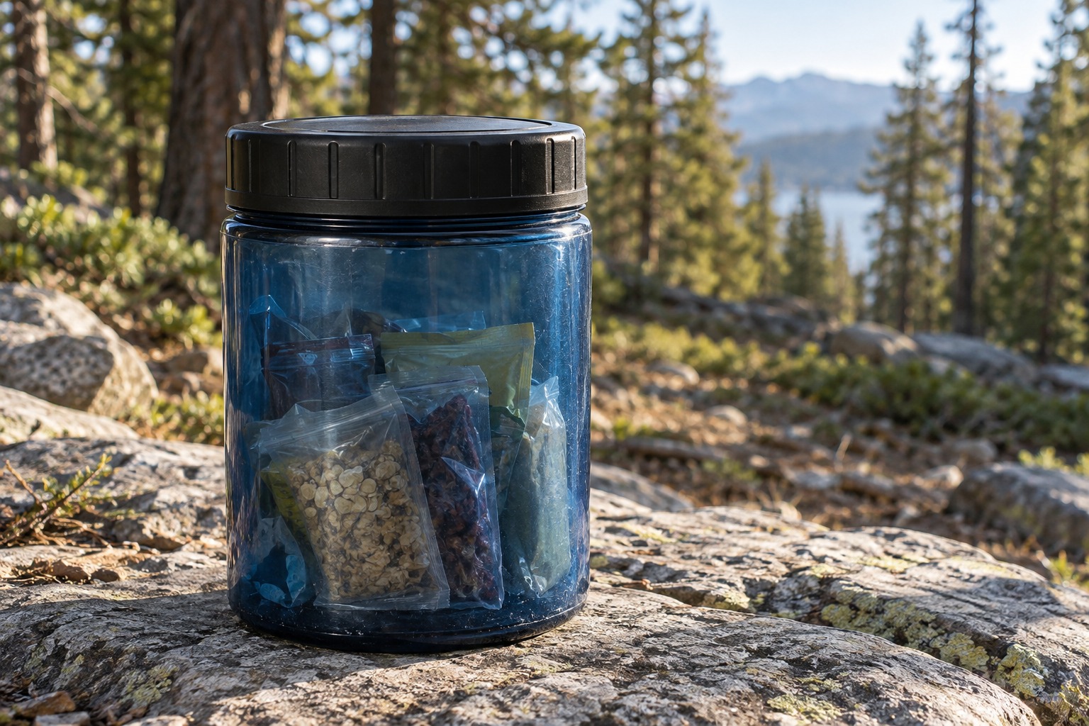 Hard-sided cylindrical camping food canister standing on a rock away from a sleeping area