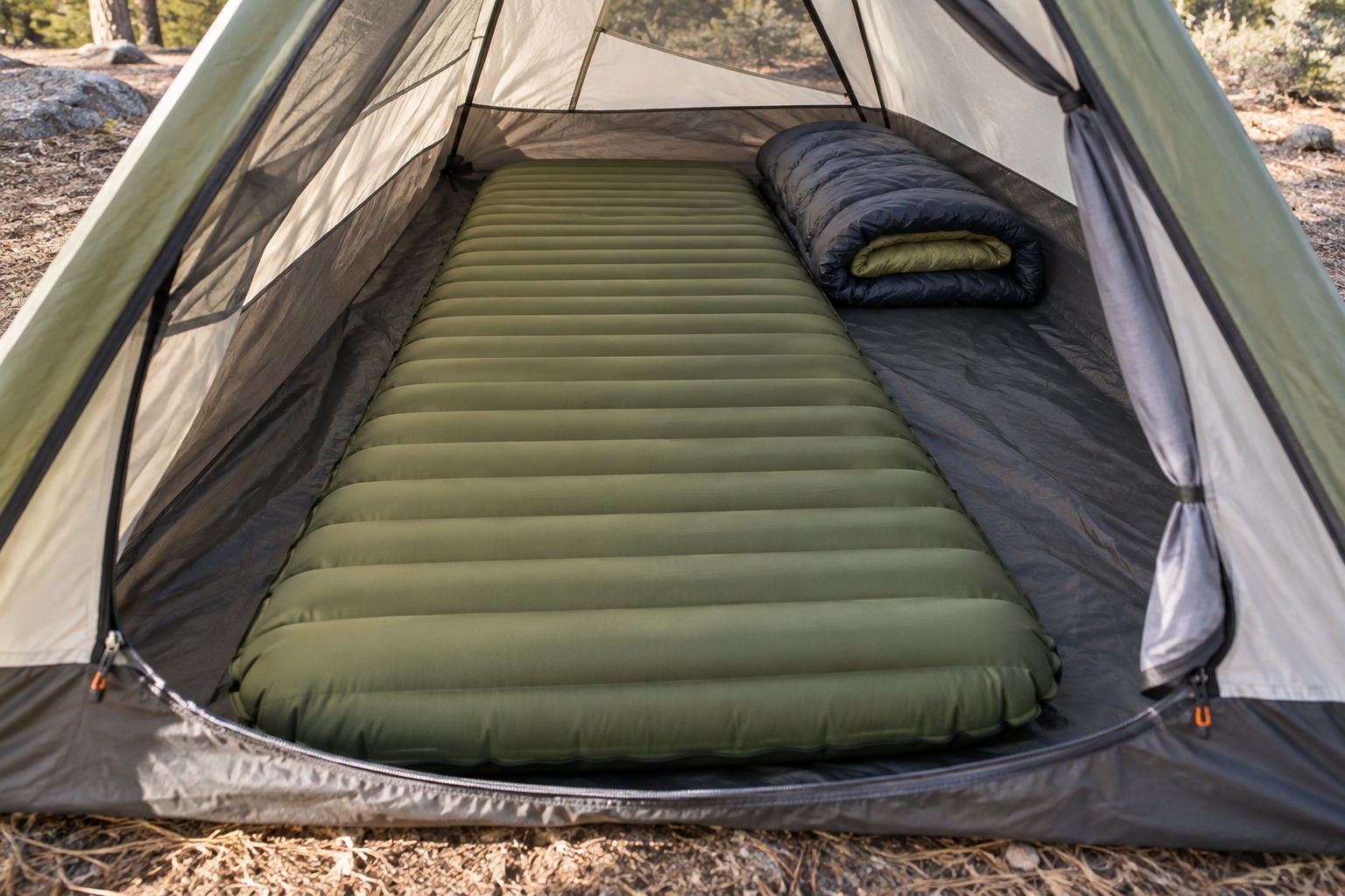 Inflatable sleeping pad laid flat inside an open backpacking tent