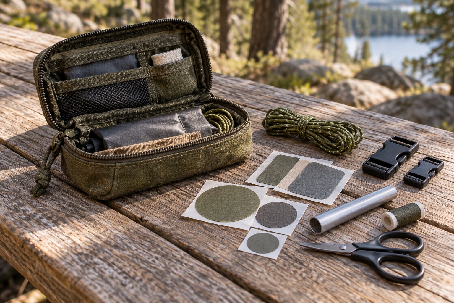 Outdoor repair pouch with fabric patches, guyline, buckles, thread and a pole sleeve