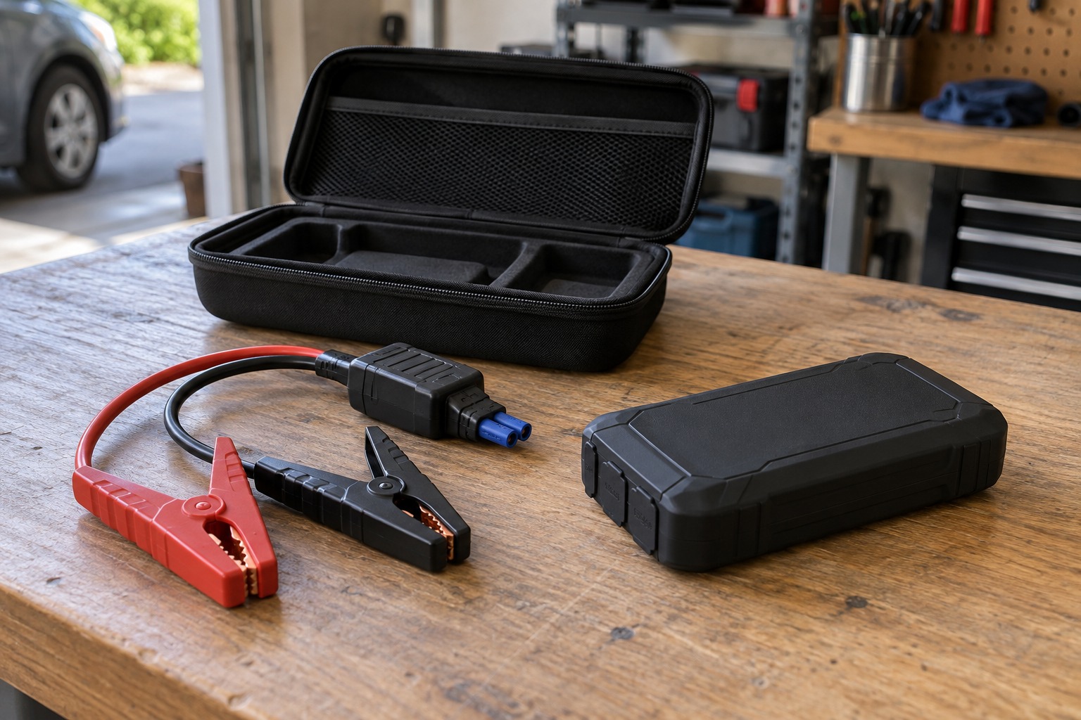 Portable car jump starter with detached red and black clamps beside its storage case