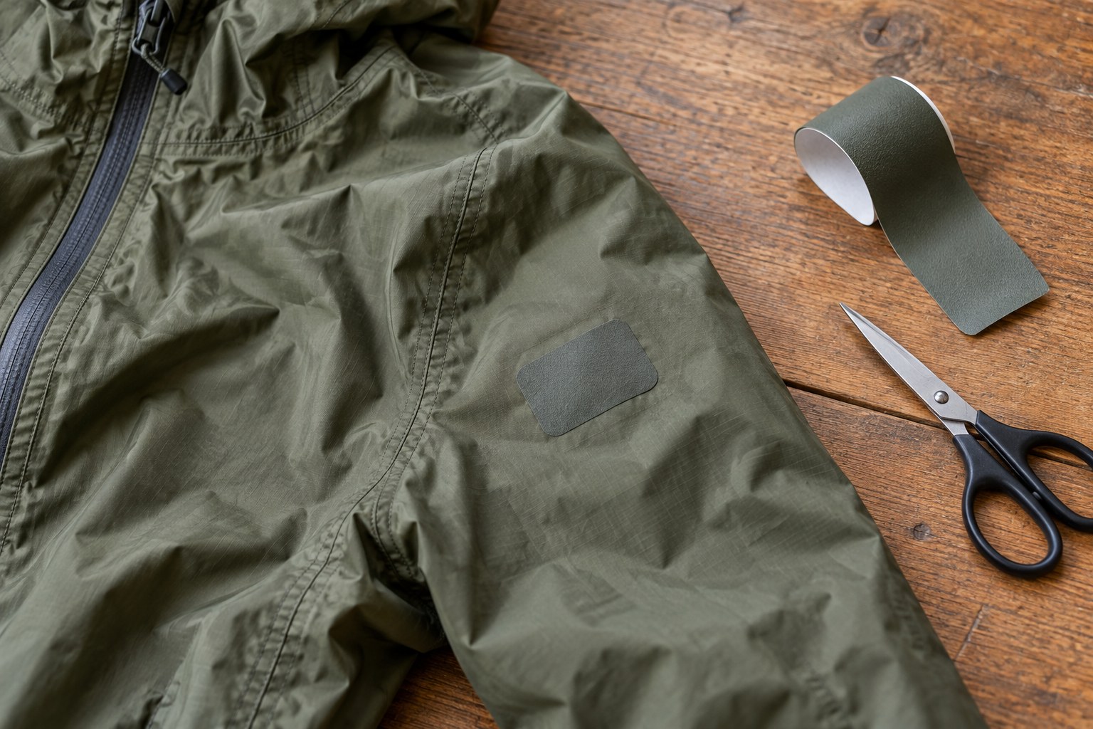Repair patch on a nylon jacket with spare tape nearby