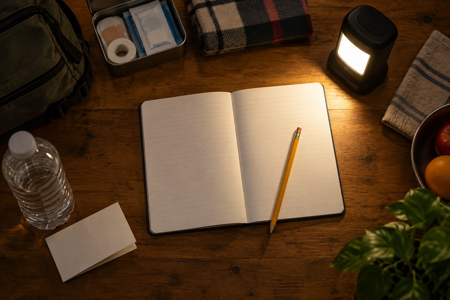 Notebook and battery light on a table during a practice evening